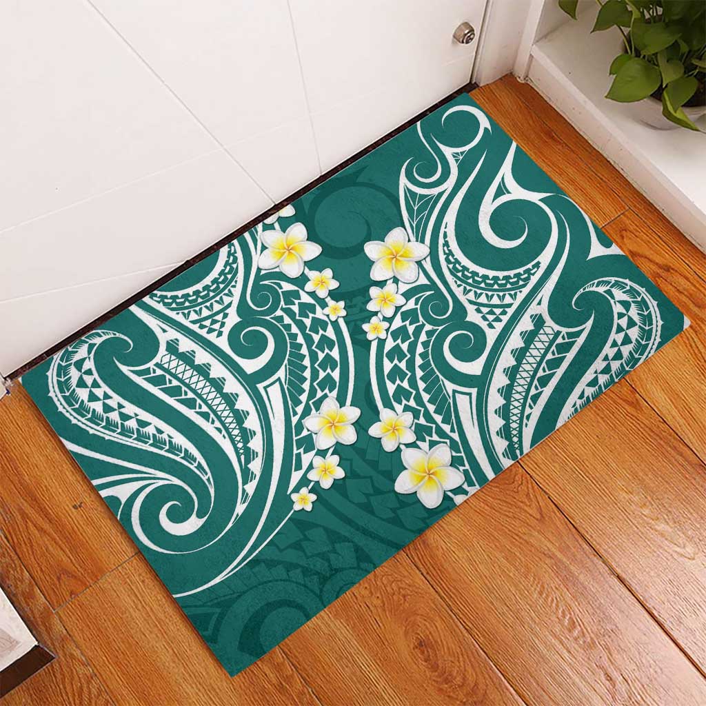 Plumeria With Teal Polynesian Tattoo Pattern Rubber Doormat LT05 - Polynesian Pride