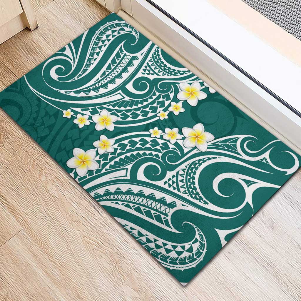 Plumeria With Teal Polynesian Tattoo Pattern Rubber Doormat LT05 - Polynesian Pride