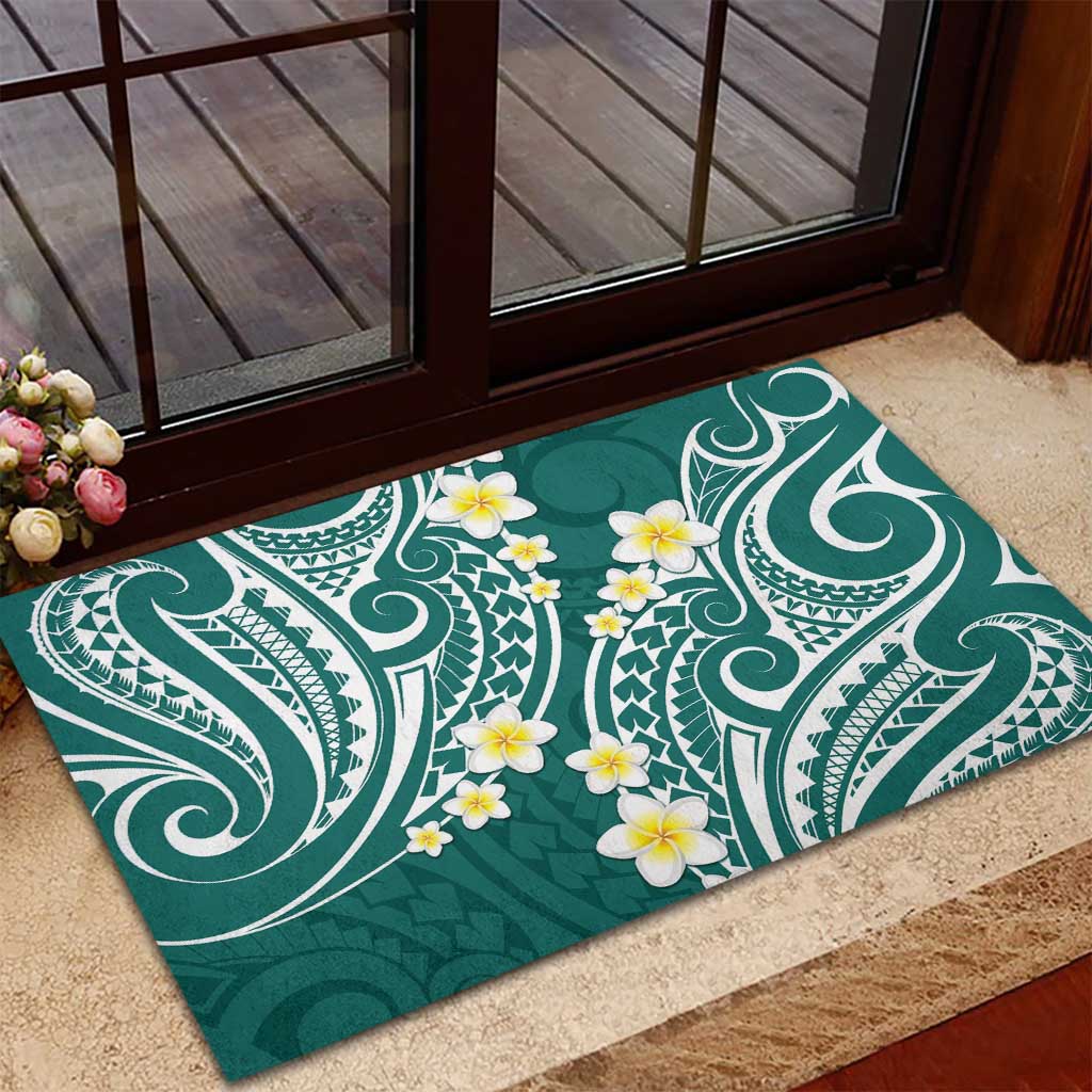 Plumeria With Teal Polynesian Tattoo Pattern Rubber Doormat LT05 - Polynesian Pride