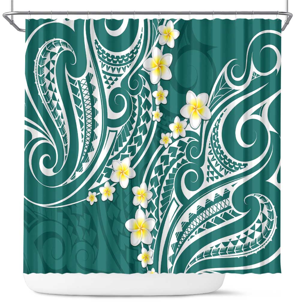 Plumeria With Teal Polynesian Tattoo Pattern Shower Curtain