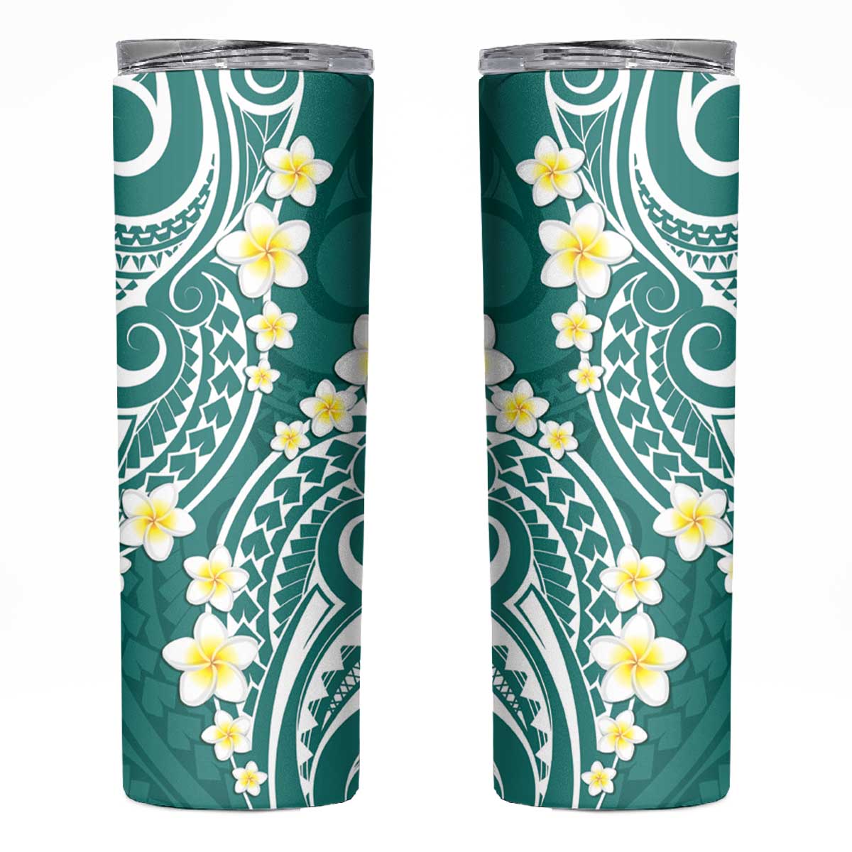 Plumeria With Teal Polynesian Tattoo Pattern Skinny Tumbler LT05 Teal - Polynesian Pride