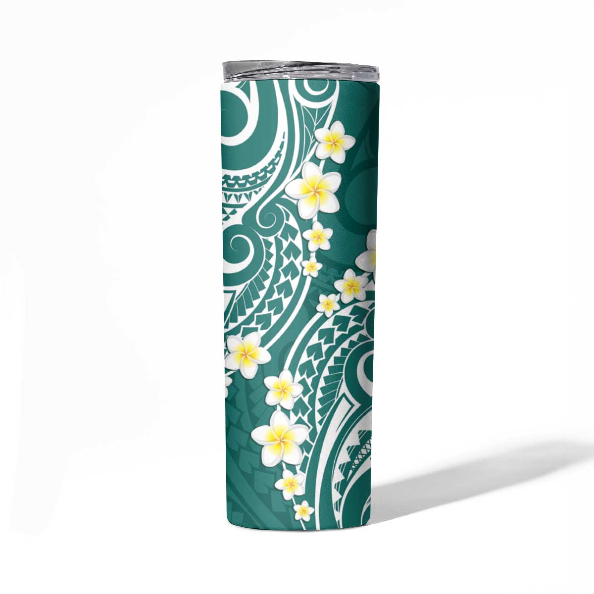 Plumeria With Teal Polynesian Tattoo Pattern Skinny Tumbler LT05 - Polynesian Pride