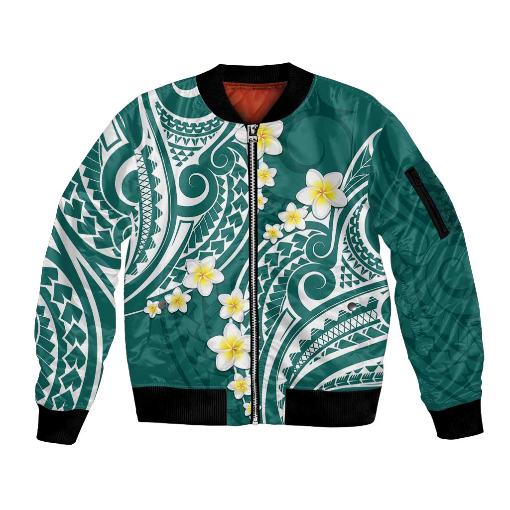 Plumeria With Teal Polynesian Tattoo Pattern Sleeve Zip Bomber Jacket