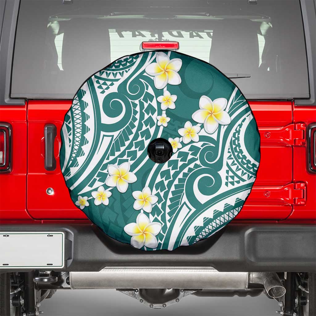 Plumeria With Teal Polynesian Tattoo Pattern Spare Tire Cover LT05 - Polynesian Pride