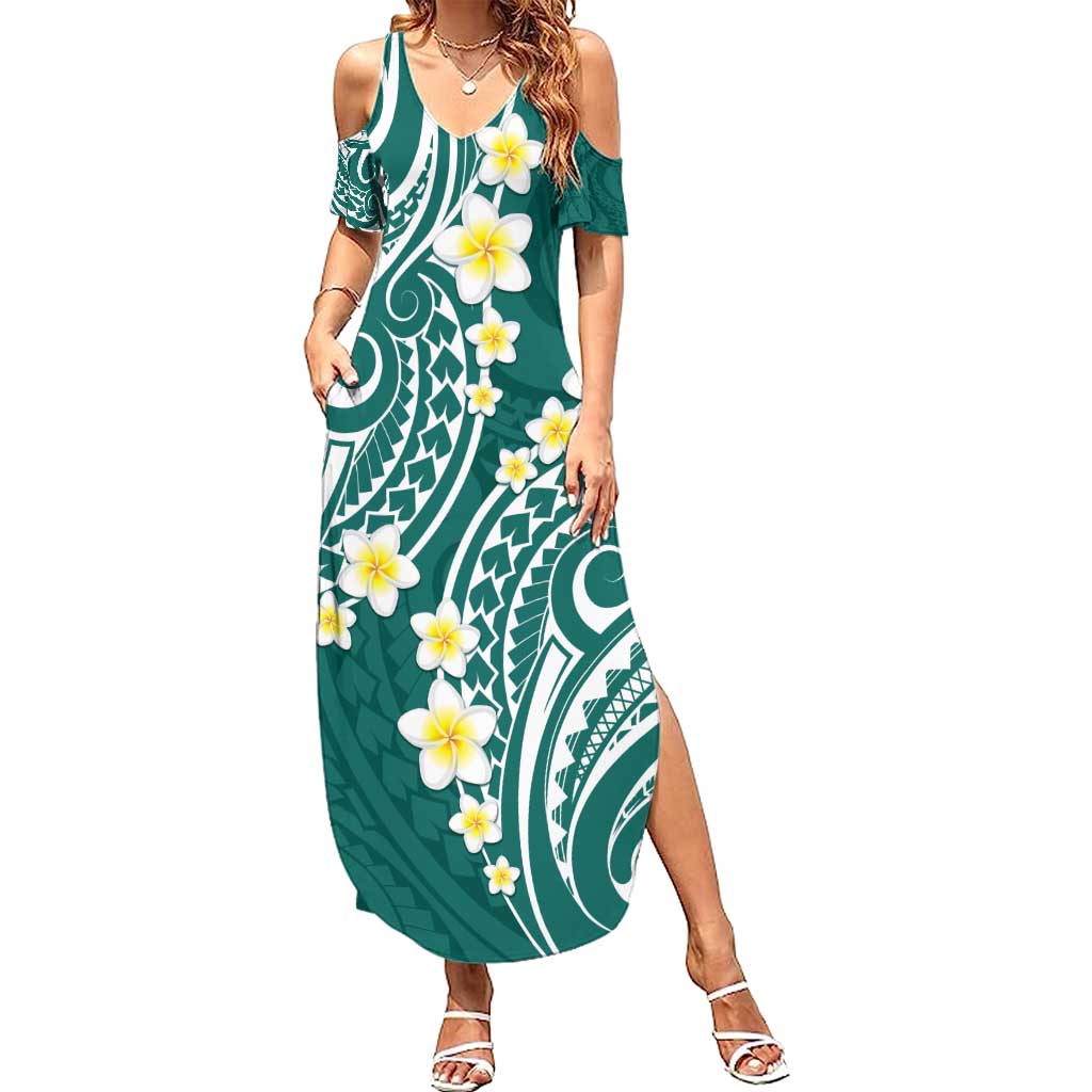 Plumeria With Teal Polynesian Tattoo Pattern Summer Maxi Dress