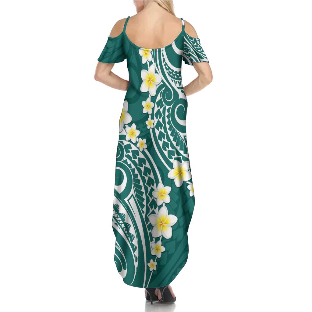 Plumeria With Teal Polynesian Tattoo Pattern Summer Maxi Dress LT05 - Polynesian Pride