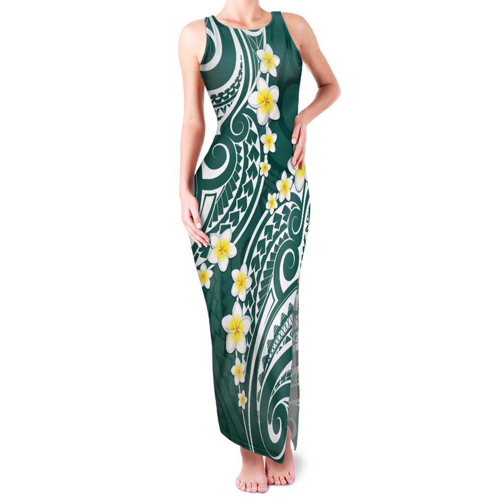 Plumeria With Teal Polynesian Tattoo Pattern Tank Maxi Dress