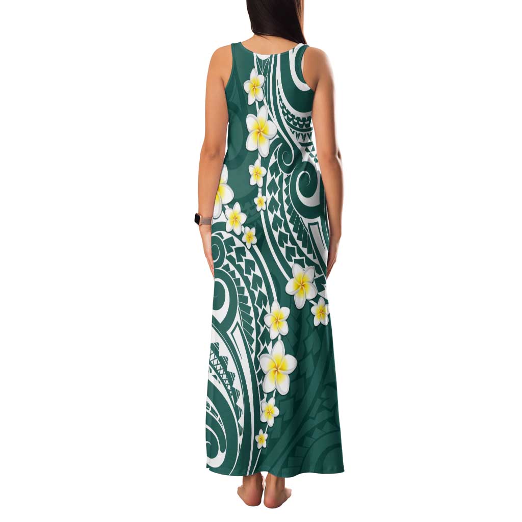 Plumeria With Teal Polynesian Tattoo Pattern Tank Maxi Dress LT05 - Polynesian Pride