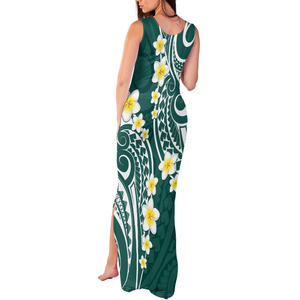 Plumeria With Teal Polynesian Tattoo Pattern Tank Maxi Dress LT05 - Polynesian Pride