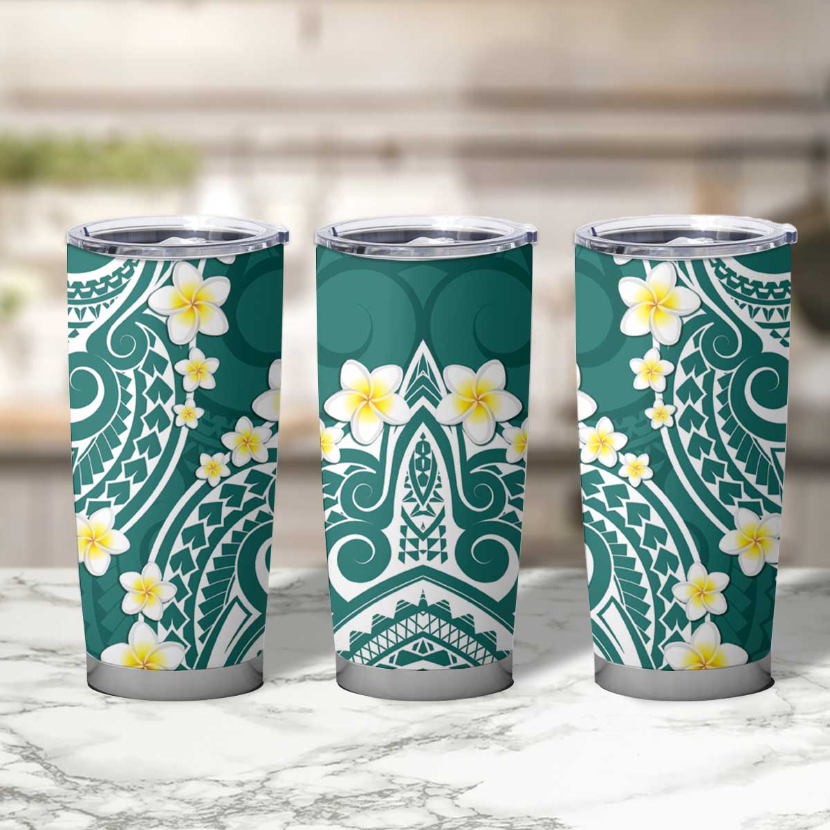 Plumeria With Teal Polynesian Tattoo Pattern Tumbler Cup LT05 - Polynesian Pride