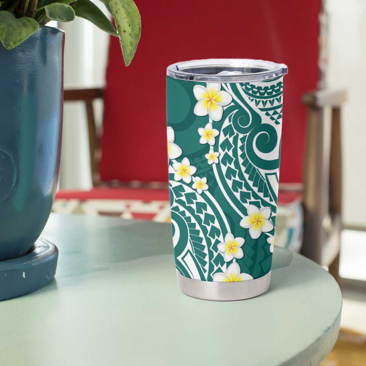 Plumeria With Teal Polynesian Tattoo Pattern Tumbler Cup LT05 - Polynesian Pride