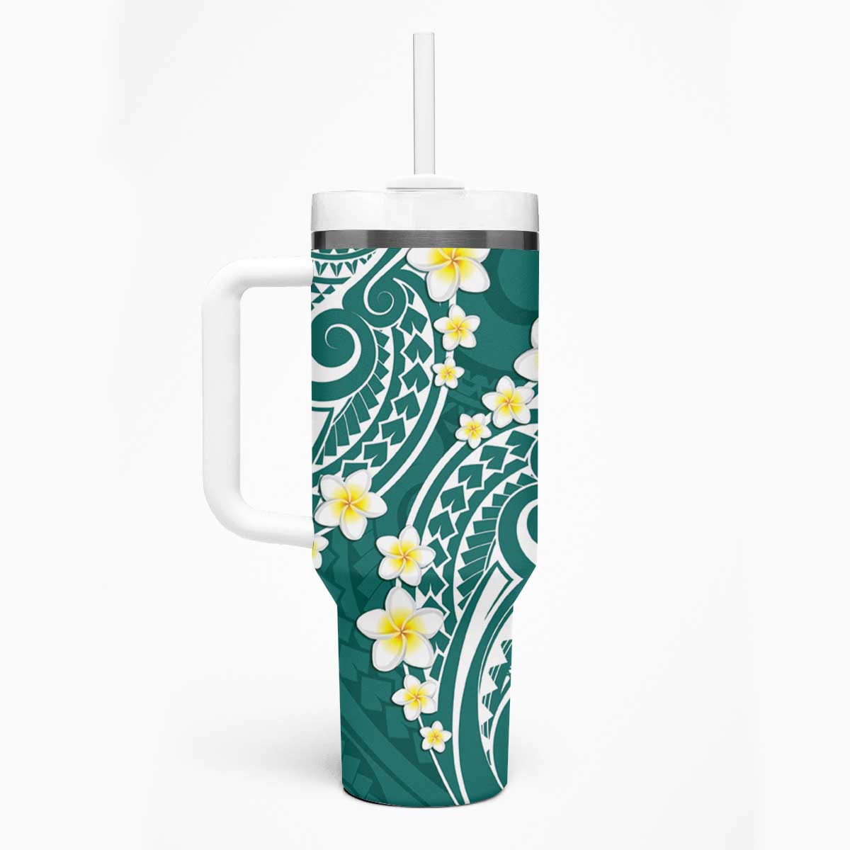 Plumeria With Teal Polynesian Tattoo Pattern Tumbler With Handle