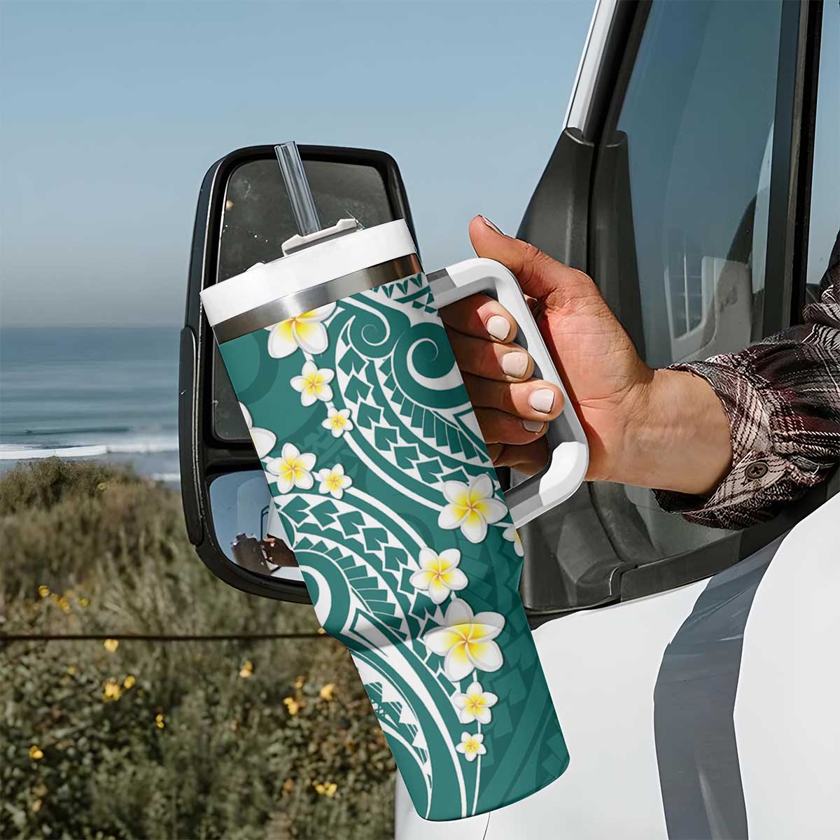 Plumeria With Teal Polynesian Tattoo Pattern Tumbler With Handle