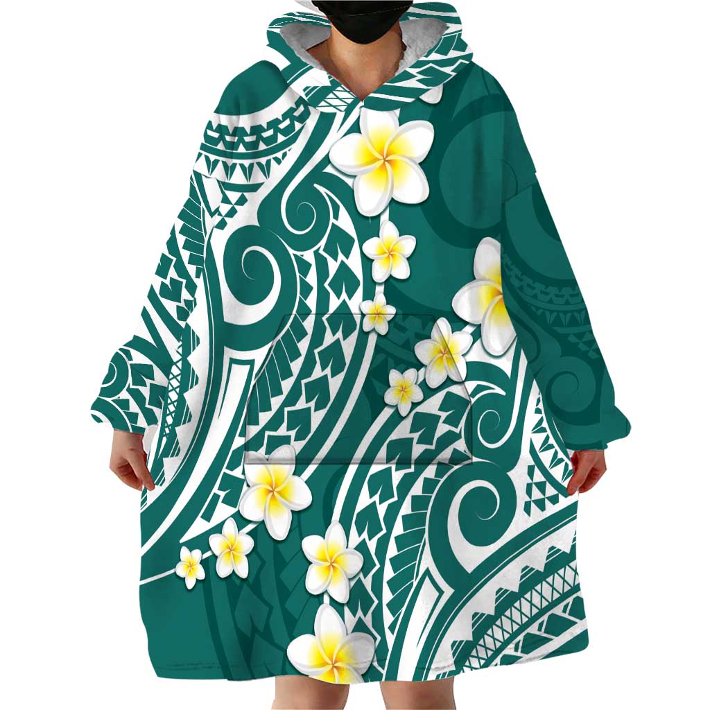 Plumeria With Teal Polynesian Tattoo Pattern Wearable Blanket Hoodie LT05 - Polynesian Pride