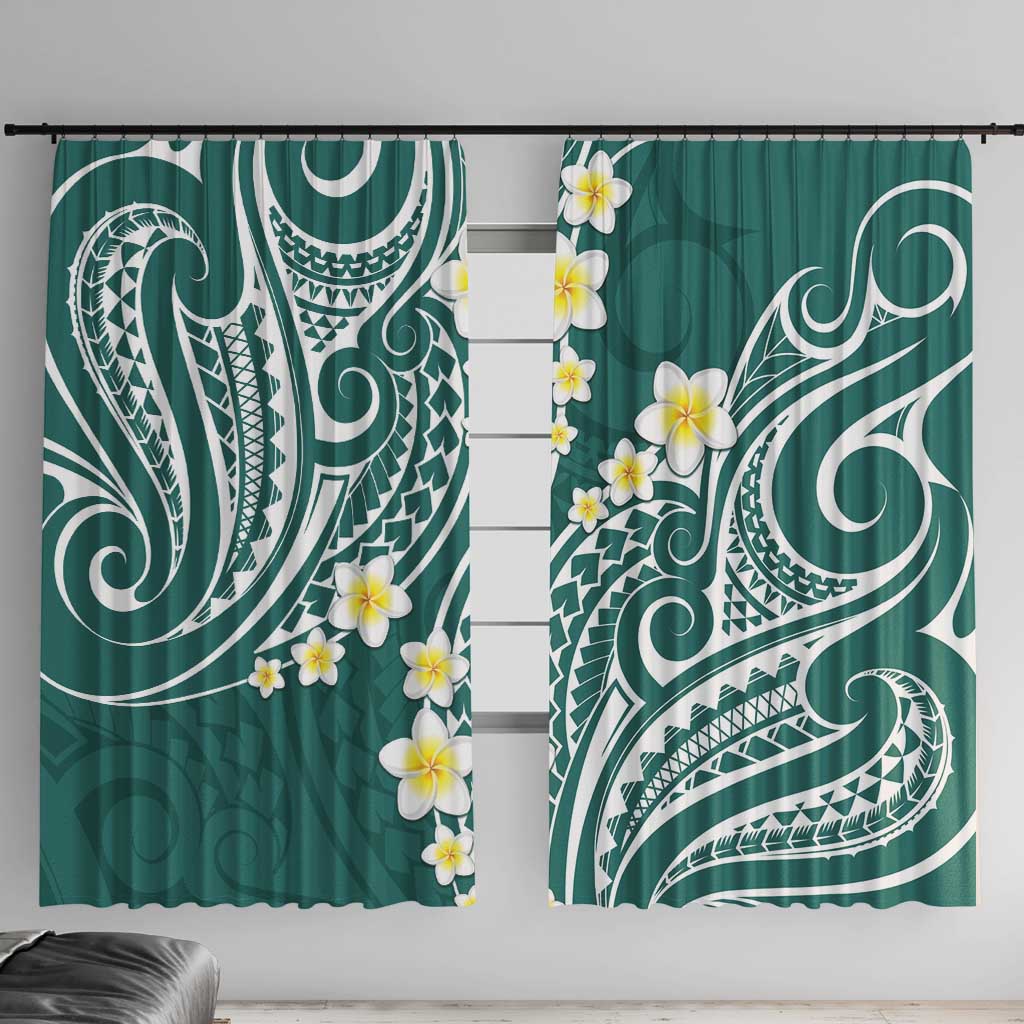 Plumeria With Teal Polynesian Tattoo Pattern Window Curtain