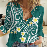 Plumeria With Teal Polynesian Tattoo Pattern Women Casual Shirt