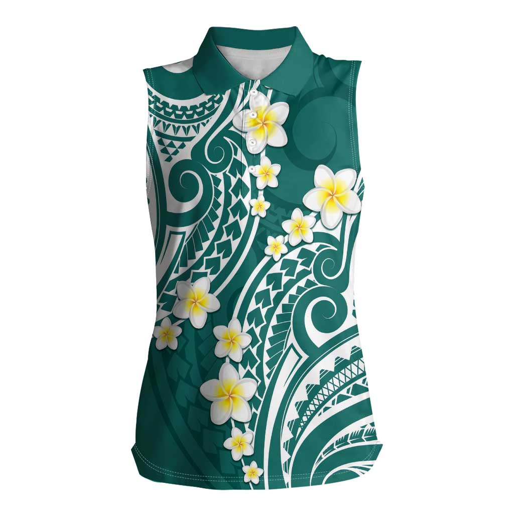 Plumeria With Teal Polynesian Tattoo Pattern Women Sleeveless Polo Shirt