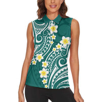 Plumeria With Teal Polynesian Tattoo Pattern Women Sleeveless Polo Shirt