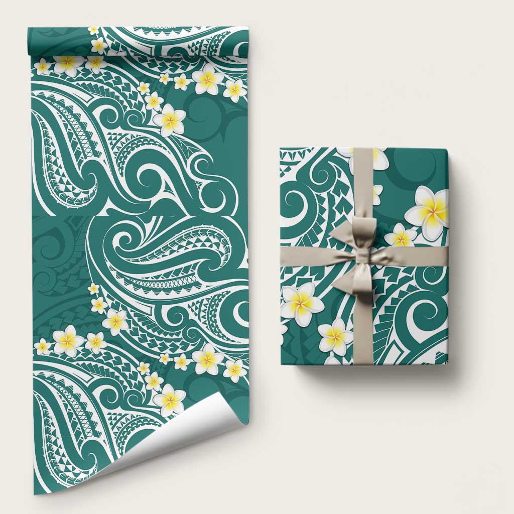 Plumeria With Teal Polynesian Tattoo Pattern Wrapping Paper LT05 58" × 23" Teal - Polynesian Pride