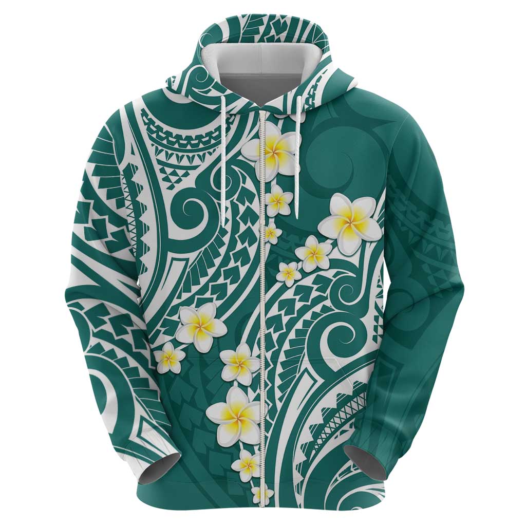 Plumeria With Teal Polynesian Tattoo Pattern Zip Hoodie