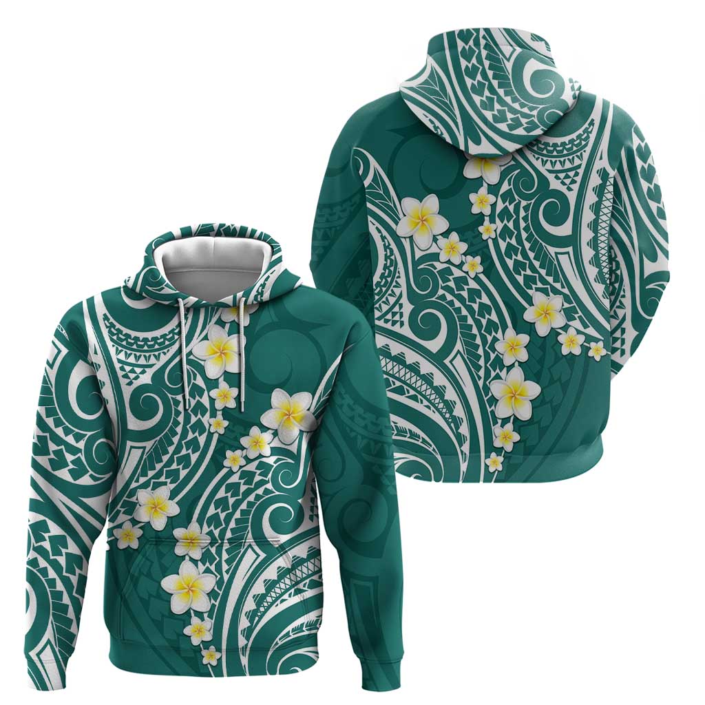Plumeria With Teal Polynesian Tattoo Pattern Zip Hoodie