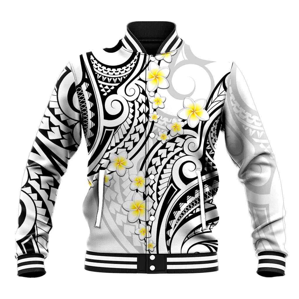 Plumeria With White Polynesian Tattoo Pattern Baseball Jacket
