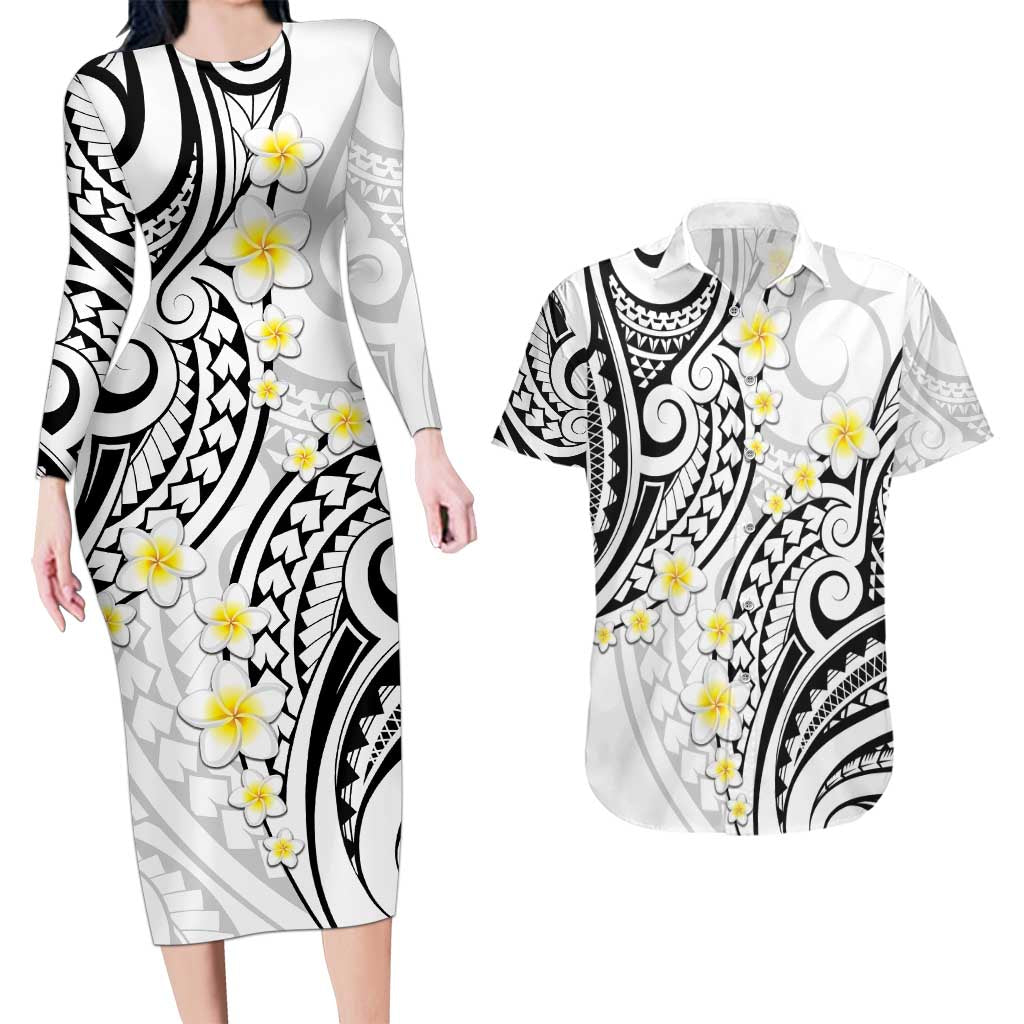 Plumeria With White Polynesian Tattoo Pattern Couples Matching Long Sleeve Bodycon Dress and Hawaiian Shirt LT05 White - Polynesian Pride