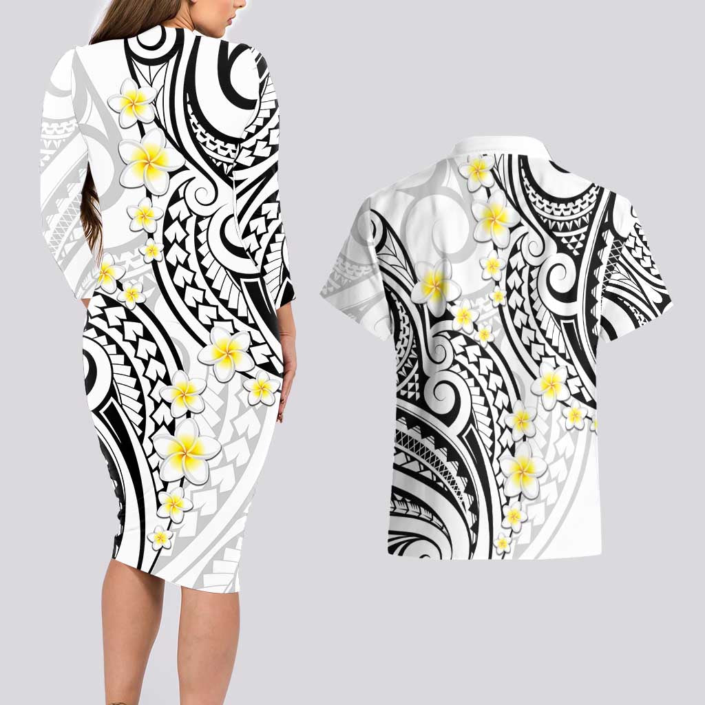 Plumeria With White Polynesian Tattoo Pattern Couples Matching Long Sleeve Bodycon Dress and Hawaiian Shirt LT05 - Polynesian Pride
