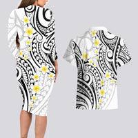 Plumeria With White Polynesian Tattoo Pattern Couples Matching Long Sleeve Bodycon Dress and Hawaiian Shirt LT05 - Polynesian Pride
