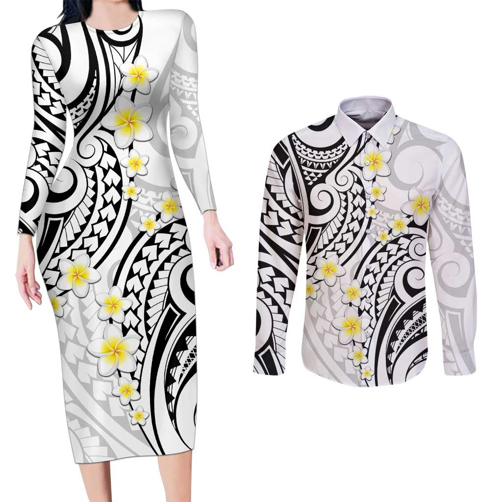 Plumeria With White Polynesian Tattoo Pattern Couples Matching Long Sleeve Bodycon Dress and Long Sleeve Button Shirt LT05 White - Polynesian Pride