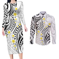 Plumeria With White Polynesian Tattoo Pattern Couples Matching Long Sleeve Bodycon Dress and Long Sleeve Button Shirt LT05 White - Polynesian Pride