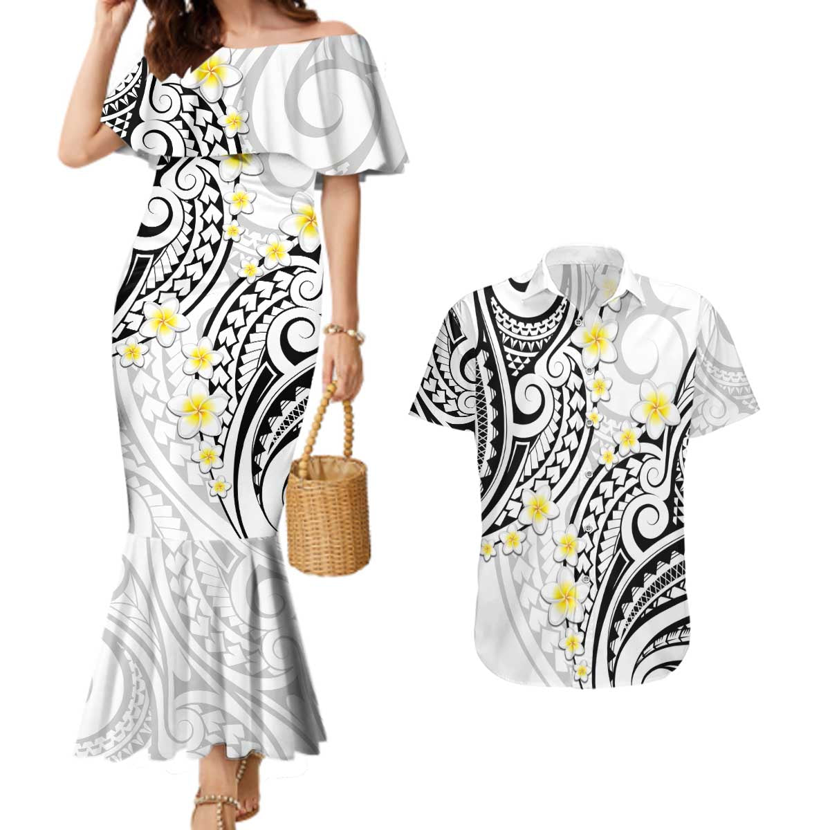 Plumeria With White Polynesian Tattoo Pattern Couples Matching Mermaid Dress and Hawaiian Shirt
