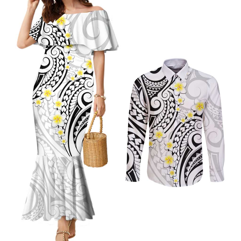 Plumeria With White Polynesian Tattoo Pattern Couples Matching Mermaid Dress and Long Sleeve Button Shirt LT05 White - Polynesian Pride