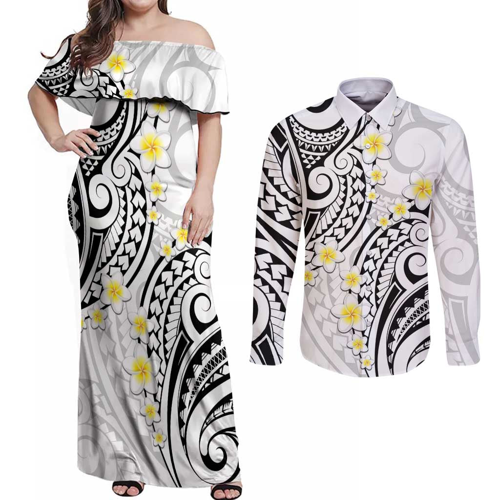 Plumeria With White Polynesian Tattoo Pattern Couples Matching Off Shoulder Maxi Dress and Long Sleeve Button Shirt LT05 White - Polynesian Pride