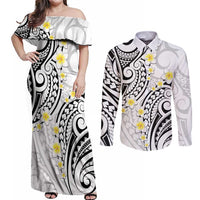 Plumeria With White Polynesian Tattoo Pattern Couples Matching Off Shoulder Maxi Dress and Long Sleeve Button Shirt LT05 White - Polynesian Pride