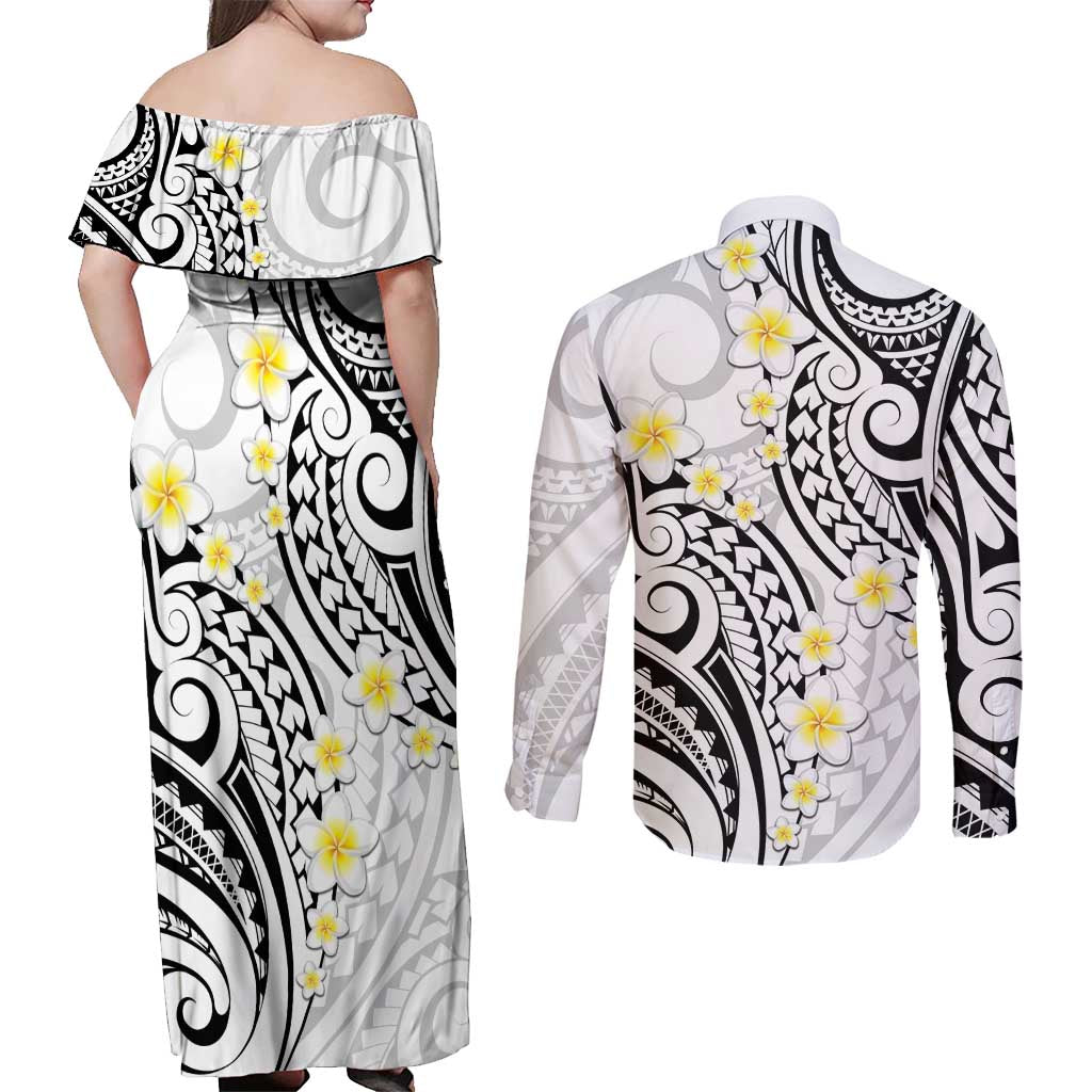 Plumeria With White Polynesian Tattoo Pattern Couples Matching Off Shoulder Maxi Dress and Long Sleeve Button Shirt LT05 - Polynesian Pride