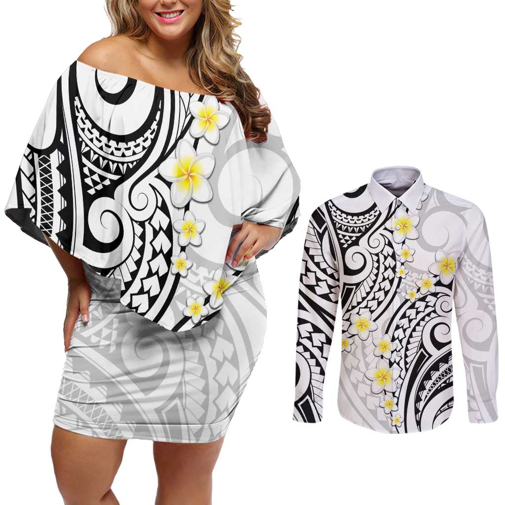 Plumeria With White Polynesian Tattoo Pattern Couples Matching Off Shoulder Short Dress and Long Sleeve Button Shirt LT05 White - Polynesian Pride