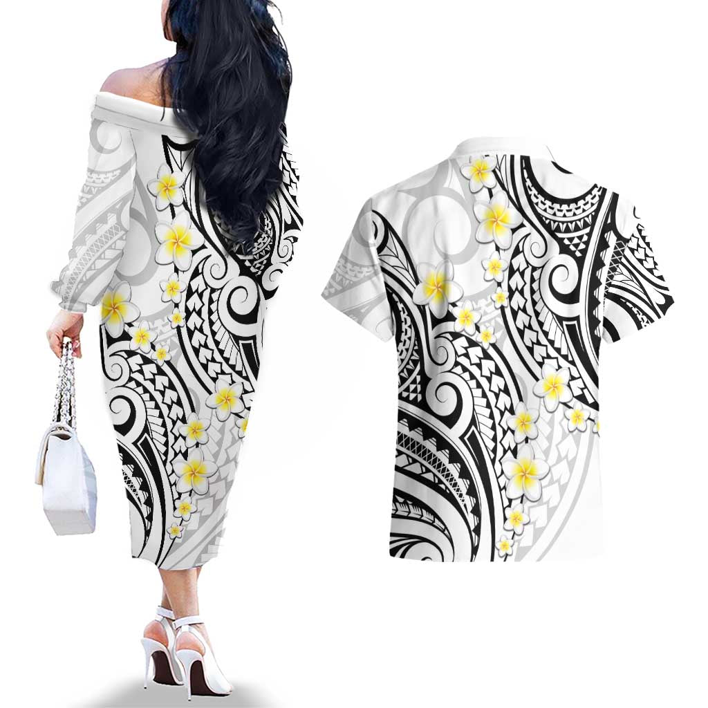 Plumeria With White Polynesian Tattoo Pattern Couples Matching Off The Shoulder Long Sleeve Dress and Hawaiian Shirt LT05 - Polynesian Pride