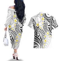 Plumeria With White Polynesian Tattoo Pattern Couples Matching Off The Shoulder Long Sleeve Dress and Hawaiian Shirt LT05 - Polynesian Pride