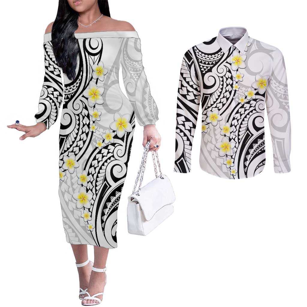 Plumeria With White Polynesian Tattoo Pattern Couples Matching Off The Shoulder Long Sleeve Dress and Long Sleeve Button Shirt LT05 White - Polynesian Pride