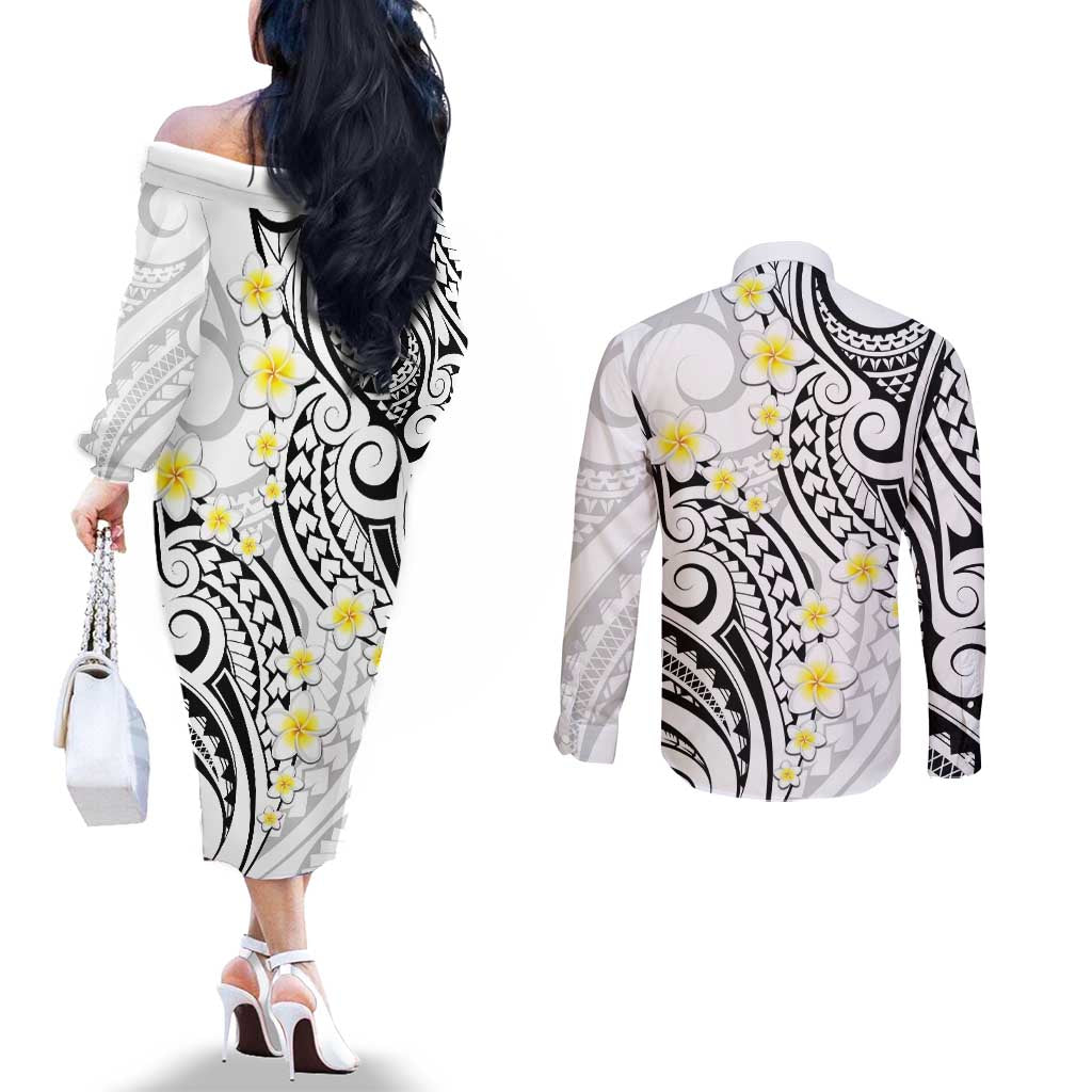 Plumeria With White Polynesian Tattoo Pattern Couples Matching Off The Shoulder Long Sleeve Dress and Long Sleeve Button Shirt LT05 - Polynesian Pride