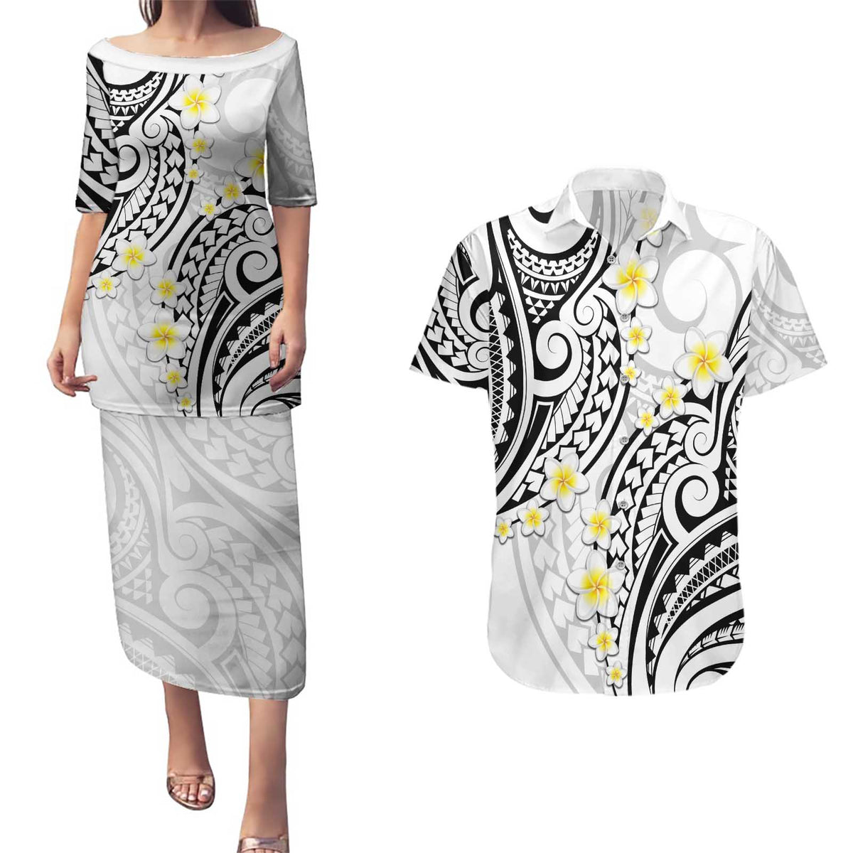Plumeria With White Polynesian Tattoo Pattern Couples Matching Puletasi and Hawaiian Shirt LT05 White - Polynesian Pride