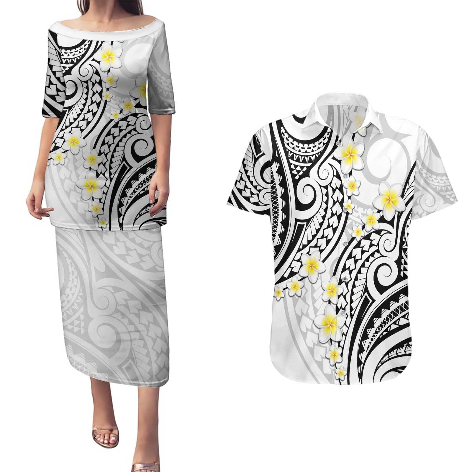 Plumeria With White Polynesian Tattoo Pattern Couples Matching Puletasi and Hawaiian Shirt LT05 White - Polynesian Pride