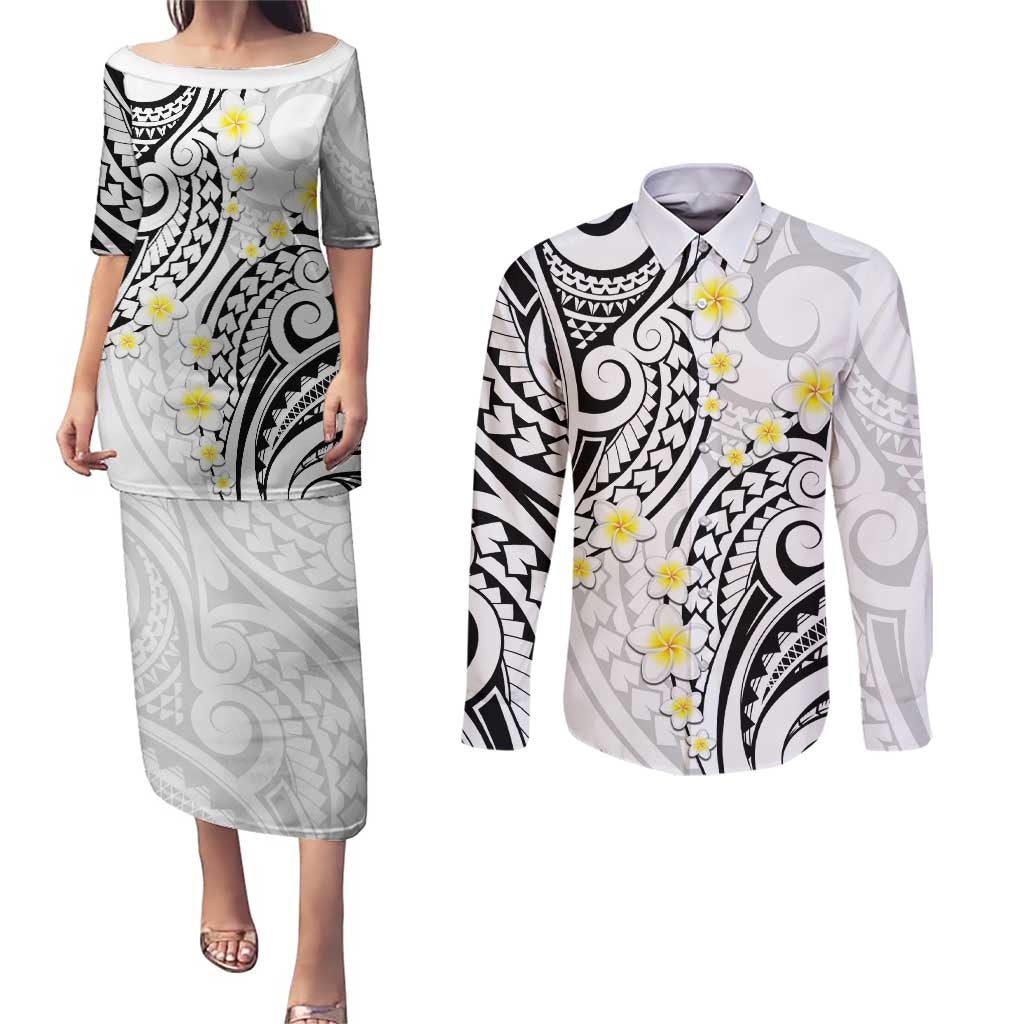 Plumeria With White Polynesian Tattoo Pattern Couples Matching Puletasi and Long Sleeve Button Shirt LT05 White - Polynesian Pride