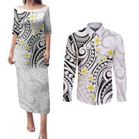 Plumeria With White Polynesian Tattoo Pattern Couples Matching Puletasi and Long Sleeve Button Shirt LT05 White - Polynesian Pride