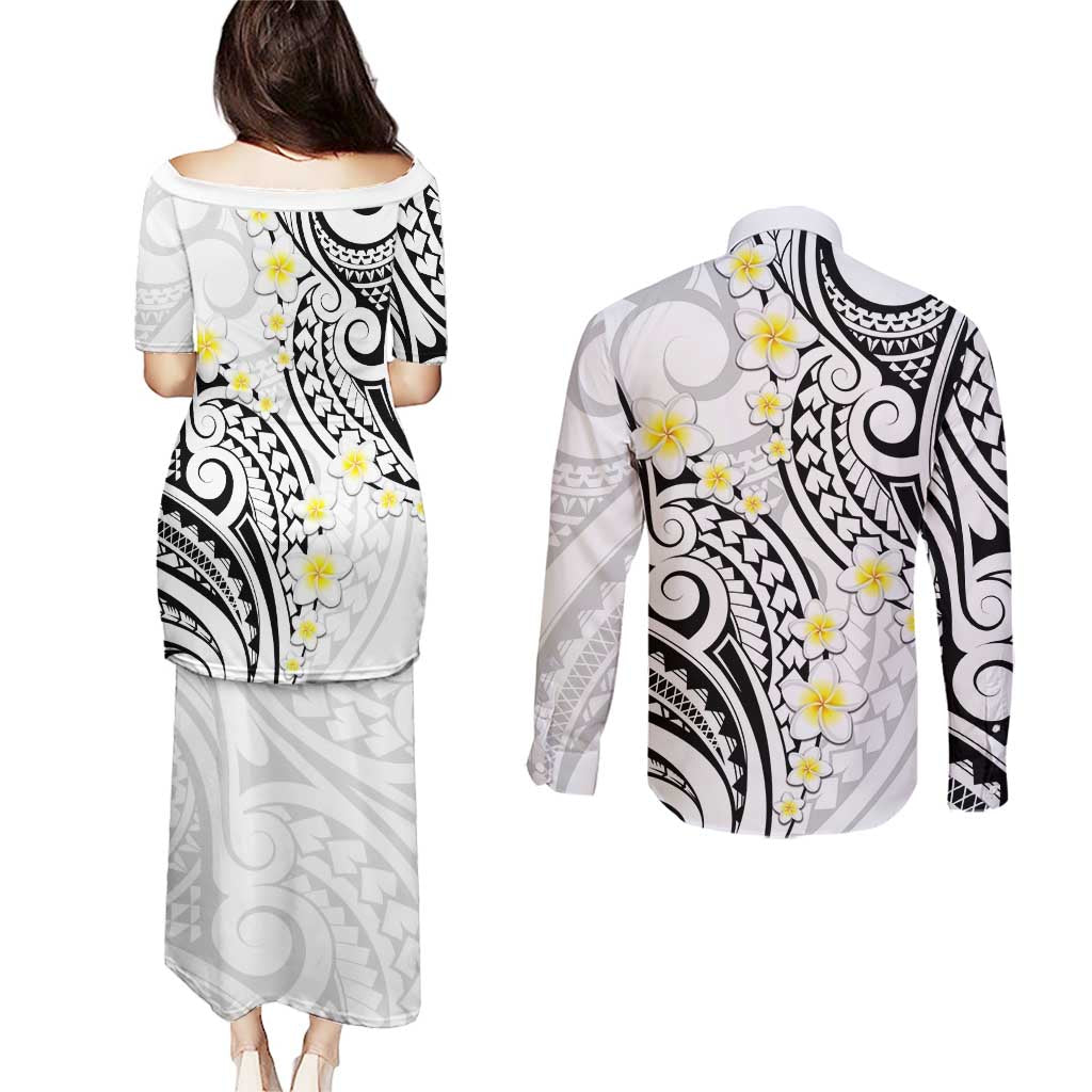Plumeria With White Polynesian Tattoo Pattern Couples Matching Puletasi and Long Sleeve Button Shirt LT05 - Polynesian Pride