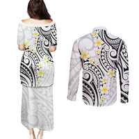 Plumeria With White Polynesian Tattoo Pattern Couples Matching Puletasi and Long Sleeve Button Shirt LT05 - Polynesian Pride