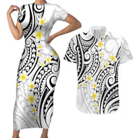 Plumeria With White Polynesian Tattoo Pattern Couples Matching Short Sleeve Bodycon Dress and Hawaiian Shirt LT05 White - Polynesian Pride