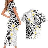 Plumeria With White Polynesian Tattoo Pattern Couples Matching Short Sleeve Bodycon Dress and Hawaiian Shirt LT05 - Polynesian Pride
