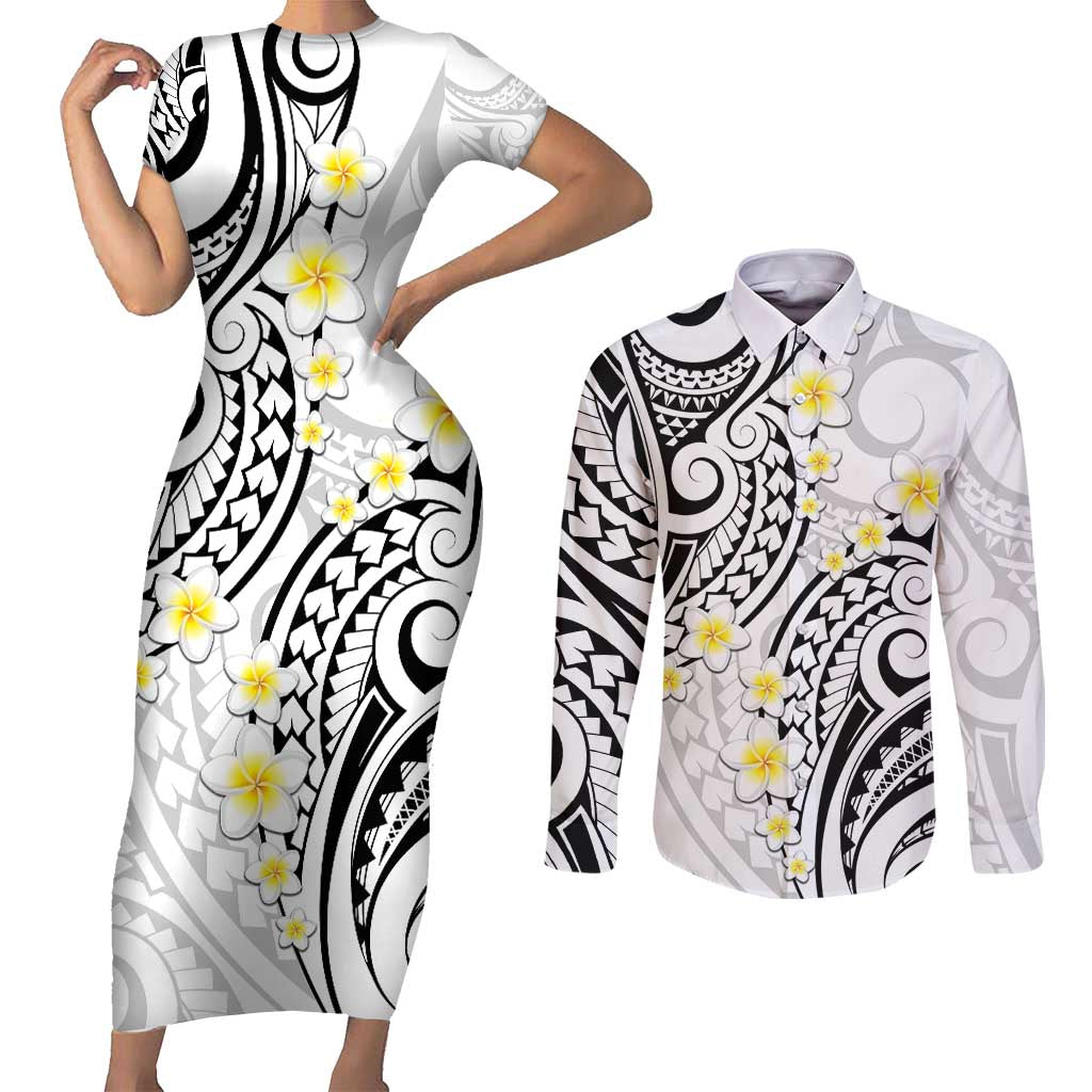 Plumeria With White Polynesian Tattoo Pattern Couples Matching Short Sleeve Bodycon Dress and Long Sleeve Button Shirt LT05 White - Polynesian Pride